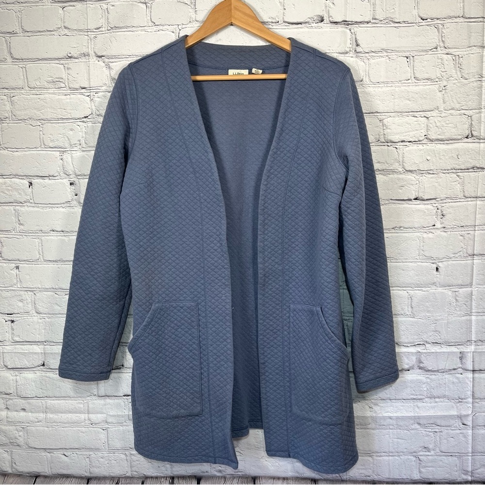 LL Bean Waffle Knit Open Cardigan Sweater Women’s Size Medium Blue Pockets